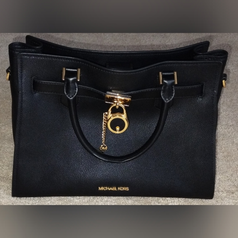 Michael Kors Hamilton Black Pebbles Leather Satchel with Gold Hardware. EUC